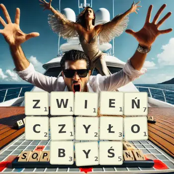 Kreatywna ilustracja do gry w Scrabble ze słowem ZWIEŃCZYŁOBYŚ ułożonym z płytek na planszy.