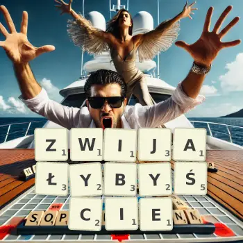 Kreatywna ilustracja do gry w Scrabble ze słowem ZWIJAŁYBYŚCIE ułożonym z płytek na planszy.