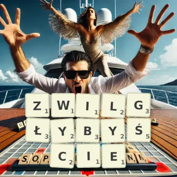 Kreatywna ilustracja do gry w Scrabble ze słowem ZWILGŁYBYŚCIE ułożonym z płytek na planszy.