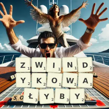 Kreatywna ilustracja do gry w Scrabble ze słowem ZWINDYKOWAŁYBY ułożonym z płytek na planszy.