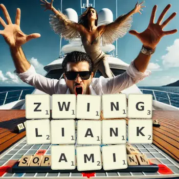 Kreatywna ilustracja do gry w Scrabble ze słowem ZWINGLIANKAMI ułożonym z płytek na planszy.