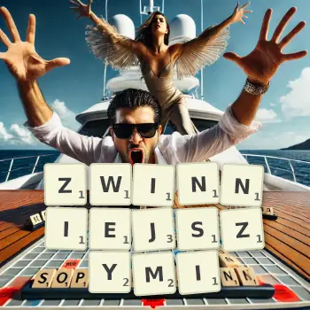 Kreatywna ilustracja do gry w Scrabble ze słowem ZWINNIEJSZYMI ułożonym z płytek na planszy.