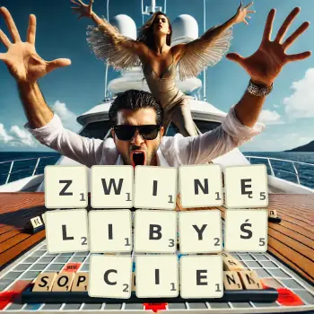 Kreatywna ilustracja do gry w Scrabble ze słowem ZWINĘLIBYŚCIE ułożonym z płytek na planszy.