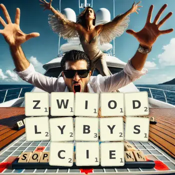 Kreatywna ilustracja do gry w Scrabble ze słowem ZWIODLYBYSCIE ułożonym z płytek na planszy.