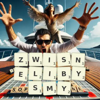 Kreatywna ilustracja do gry w Scrabble ze słowem ZWISNELIBYSMY ułożonym z płytek na planszy.