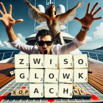 Kreatywna ilustracja do gry w Scrabble ze słowem ZWISOGLOWKACH ułożonym z płytek na planszy.