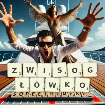 Kreatywna ilustracja do gry w Scrabble ze słowem ZWISOGŁÓWKO ułożonym z płytek na planszy.