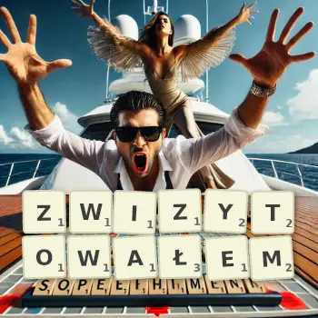 Kreatywna ilustracja do gry w Scrabble ze słowem ZWIZYTOWAŁEM ułożonym z płytek na planszy.
