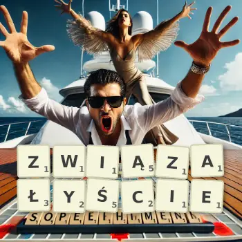 Kreatywna ilustracja do gry w Scrabble ze słowem ZWIĄZAŁYŚCIE ułożonym z płytek na planszy.