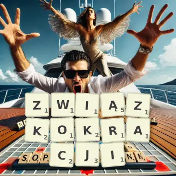 Kreatywna ilustracja do gry w Scrabble ze słowem ZWIĄZKOKRACJI ułożonym z płytek na planszy.