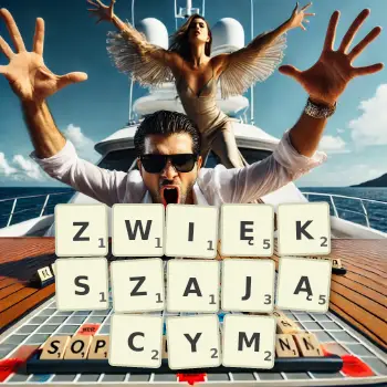 Kreatywna ilustracja do gry w Scrabble ze słowem ZWIĘKSZAJĄCYM ułożonym z płytek na planszy.
