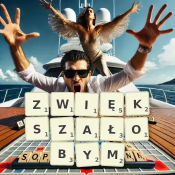 Kreatywna ilustracja do gry w Scrabble ze słowem ZWIĘKSZAŁOBYM ułożonym z płytek na planszy.