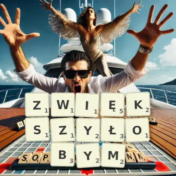Kreatywna ilustracja do gry w Scrabble ze słowem ZWIĘKSZYŁOBYM ułożonym z płytek na planszy.