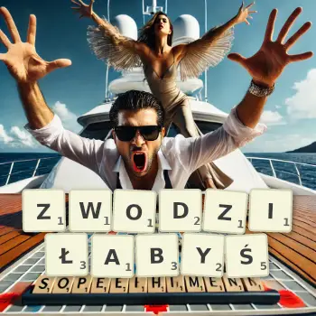Kreatywna ilustracja do gry w Scrabble ze słowem ZWODZIŁABYŚ ułożonym z płytek na planszy.