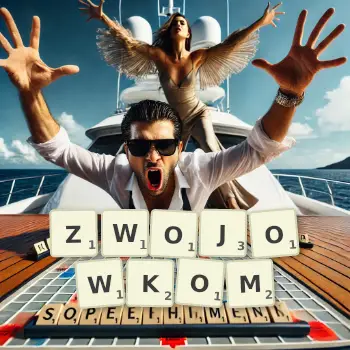 Kreatywna ilustracja do gry w Scrabble ze słowem ZWOJOWKOM ułożonym z płytek na planszy.