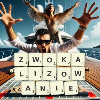 Kreatywna ilustracja do gry w Scrabble ze słowem ZWOKALIZOWANIE ułożonym z płytek na planszy.