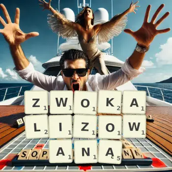 Kreatywna ilustracja do gry w Scrabble ze słowem ZWOKALIZOWANĄ ułożonym z płytek na planszy.