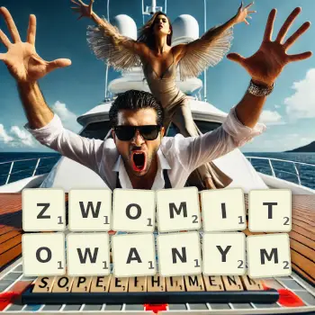 Kreatywna ilustracja do gry w Scrabble ze słowem ZWOMITOWANYM ułożonym z płytek na planszy.