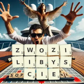 Kreatywna ilustracja do gry w Scrabble ze słowem ZWOZILIBYSCIE ułożonym z płytek na planszy.