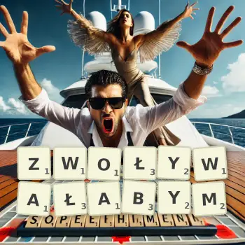 Kreatywna ilustracja do gry w Scrabble ze słowem ZWOŁYWAŁABYM ułożonym z płytek na planszy.