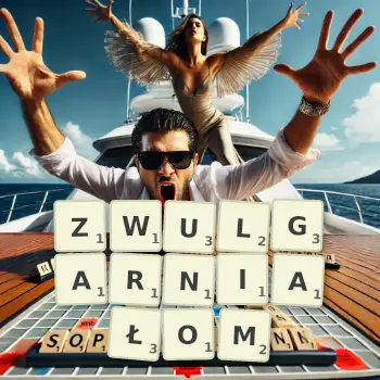 Kreatywna ilustracja do gry w Scrabble ze słowem ZWULGARNIAŁOM ułożonym z płytek na planszy.