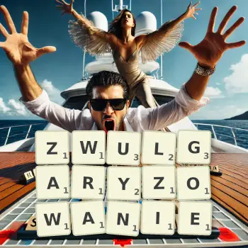 Kreatywna ilustracja do gry w Scrabble ze słowem ZWULGARYZOWANIE ułożonym z płytek na planszy.