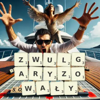 Kreatywna ilustracja do gry w Scrabble ze słowem ZWULGARYZOWAŁY ułożonym z płytek na planszy.