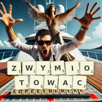Kreatywna ilustracja do gry w Scrabble ze słowem ZWYMIOTOWAC ułożonym z płytek na planszy.