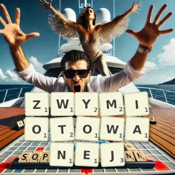 Kreatywna ilustracja do gry w Scrabble ze słowem ZWYMIOTOWANEJ ułożonym z płytek na planszy.
