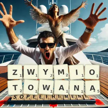 Kreatywna ilustracja do gry w Scrabble ze słowem ZWYMIOTOWANĄ ułożonym z płytek na planszy.