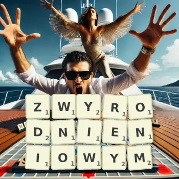 Kreatywna ilustracja do gry w Scrabble ze słowem ZWYRODNIENIOWYM ułożonym z płytek na planszy.