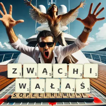 Kreatywna ilustracja do gry w Scrabble ze słowem ZWĄCHIWAŁAŚ ułożonym z płytek na planszy.