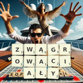 Kreatywna ilustracja do gry w Scrabble ze słowem ZWĄGROWACIAŁY ułożonym z płytek na planszy.