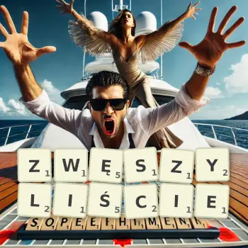 Kreatywna ilustracja do gry w Scrabble ze słowem ZWĘSZYLIŚCIE ułożonym z płytek na planszy.