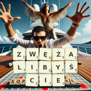 Kreatywna ilustracja do gry w Scrabble ze słowem ZWĘŻALIBYŚCIE ułożonym z płytek na planszy.