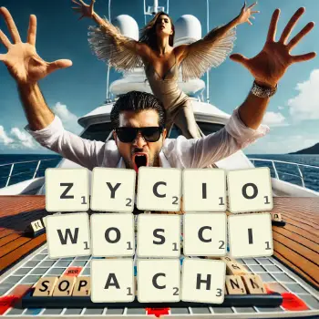 Kreatywna ilustracja do gry w Scrabble ze słowem ZYCIOWOSCIACH ułożonym z płytek na planszy.