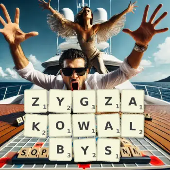 Kreatywna ilustracja do gry w Scrabble ze słowem ZYGZAKOWALBYS ułożonym z płytek na planszy.