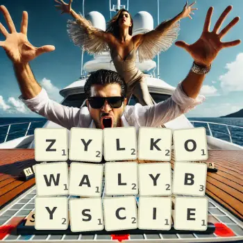 Kreatywna ilustracja do gry w Scrabble ze słowem ZYLKOWALYBYSCIE ułożonym z płytek na planszy.