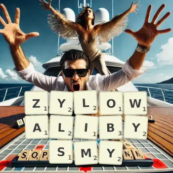Kreatywna ilustracja do gry w Scrabble ze słowem ZYLOWALIBYSMY ułożonym z płytek na planszy.