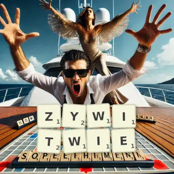 Kreatywna ilustracja do gry w Scrabble ze słowem ZYWITWIE ułożonym z płytek na planszy.