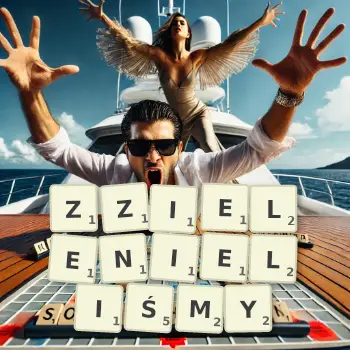 Kreatywna ilustracja do gry w Scrabble ze słowem ZZIELENIELIŚMY ułożonym z płytek na planszy.