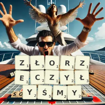 Kreatywna ilustracja do gry w Scrabble ze słowem ZŁORZECZYŁYŚMY ułożonym z płytek na planszy.