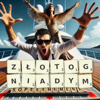 Kreatywna ilustracja do gry w Scrabble ze słowem ZŁOTOGNIADYM ułożonym z płytek na planszy.