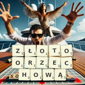 Kreatywna ilustracja do gry w Scrabble ze słowem ZŁOTOORZECHOWĄ ułożonym z płytek na planszy.