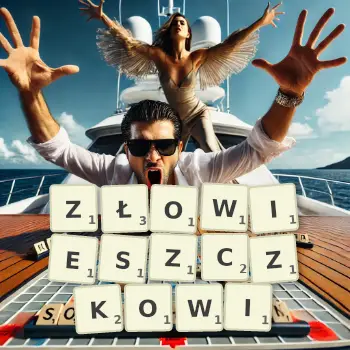 Kreatywna ilustracja do gry w Scrabble ze słowem ZŁOWIESZCZKOWI ułożonym z płytek na planszy.