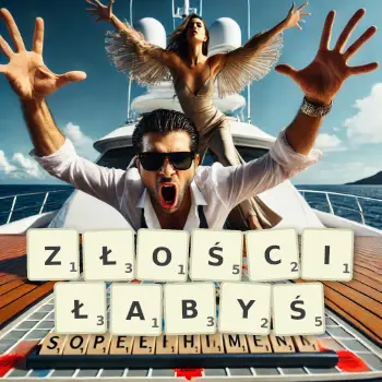 Kreatywna ilustracja do gry w Scrabble ze słowem ZŁOŚCIŁABYŚ ułożonym z płytek na planszy.