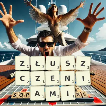 Kreatywna ilustracja do gry w Scrabble ze słowem ZŁUSZCZENIAMI ułożonym z płytek na planszy.
