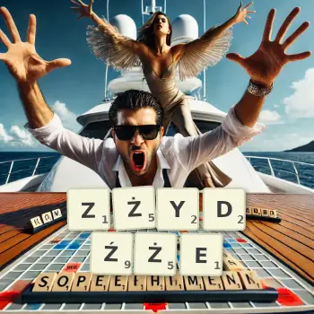 Kreatywna ilustracja do gry w Scrabble ze słowem ZŻYDŹŻE ułożonym z płytek na planszy.