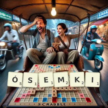 Kreatywna ilustracja do gry w Scrabble ze słowem ÓSEMKI ułożonym z płytek na planszy.