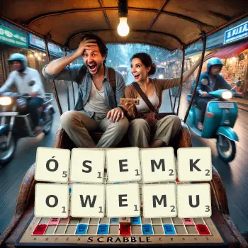 Kreatywna ilustracja do gry w Scrabble ze słowem ÓSEMKOWEMU ułożonym z płytek na planszy.